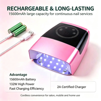 Lampe à LED intelligente 132W pour ongles, lampe UV sans fil à piles pour le séchage du gel, avec minuterie, mémoire et faible bruit, pour salon et usage domestique