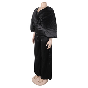 Conjunto de Dos Piezas para Mujer, Blusa Elegante con Cuello en V, Pliegues y Mangas con Volantes, Pantalones de Cintura Alta, a la Moda - Product Image 5