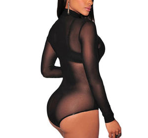 Venta al por mayor de las mujeres de manga larga transparente Sexy Sheer Mesh Bodycon See Through Teddy Bodysuit - Product Image 6