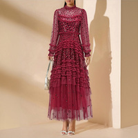 Robe longue de soirée pour femmes, occasion spéciale, robe longue à sequins et dentelle, motifs floraux, manches longues, rose rouge, robe maxi