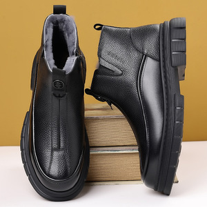 Bottes de neige en cuir imperméables pour hommes, doublées de polaire, à semelle épaisse, antidérapantes, chaussures décontractées pour pères d'âge moyen et âgés - Product Image 4