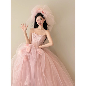 Pink Strapless Tulle Ball Gown Wedding Dress Empire Waistline Long Train Princess Style Fairy Light Dress - Product Image 4