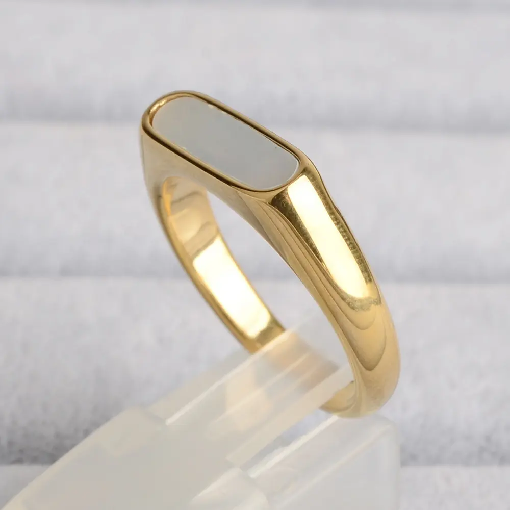 Banhado a ouro 18k Aço inoxidável Mãe branca do shell Anel Mãe de pérola anel de ônix de qualidade premium