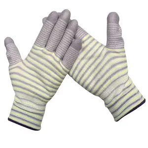 OEM Nylon Striped Liner PU Dipped Fingers PVC Dotted Palm Carbon Fiber ESD Gloves Anti Static Slip