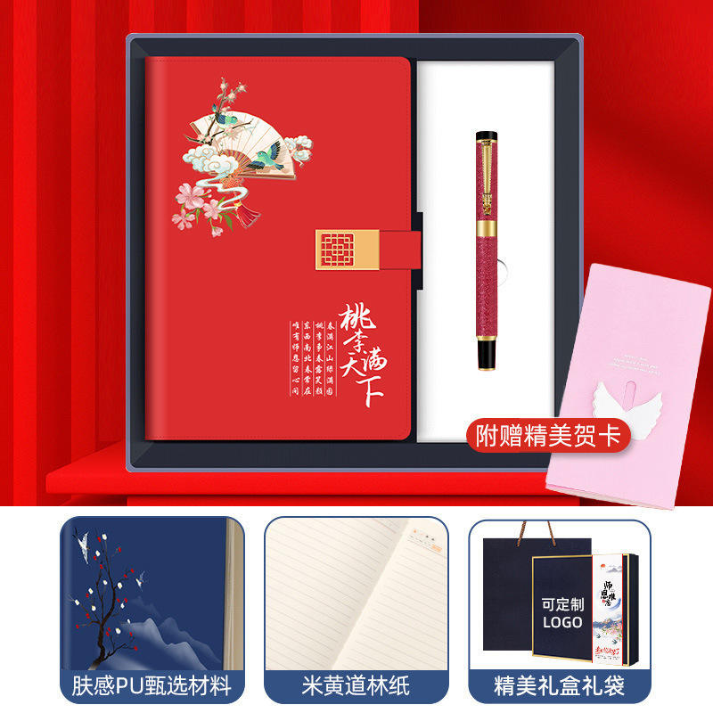 ชุดสองชิ้นประกอบด้วย "ต้นพีชและต้นพลัมแผ่ขยายไปทั่วโลก" [สมุดโน้ตและปากกาลายเซ็น]