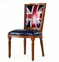 Chaise de salle à manger de style britannique avec motif Union Jack, cadre en bois massif et cuir bleu imperméable et durable pour le mobilier de maison