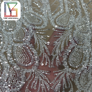 Sang Trọng Handmade Đính Cườm Sequin Thêu Ren Lưới Vải Pháp Trắng Bridal Wedding Tulle Lưới Ren Vải Cho Buổi Tối Dresses - Product Image 3