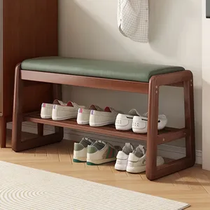 Taburete para Cambiar Zapatos Tejido Teng para Entrada/Puerta de Casa, Almacenamiento Multicapa, Estantes Abiertos, Diseño Rectangular de Madera Maciza - Product Image 2