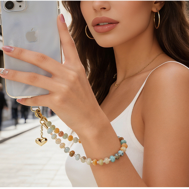 Natural Stone Phone Chain Mobile Phone Strap Bracelet Anti Lost Wrist Wallet Keychain Crystal Beaded Lanyard for Women Accessory