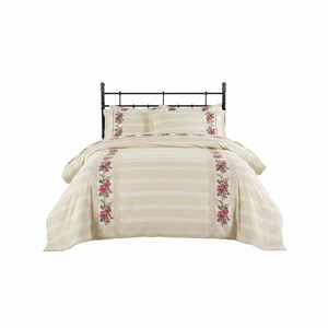 Authentic King Twin Size Duvet Cover <b>Set</b> Cream-Colored <b>Stripes</b> Pink Flower Embroidery 4pc Home Use Cotton - Product Image 2