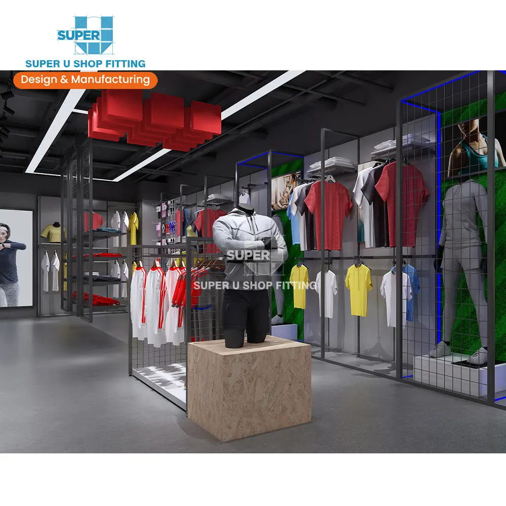Espositore per abbigliamento Unisex con decorazione per negozio di Sport al dettaglio personalizzato professionale Design moderno dell'esposizione del negozio di abbigliamento sportivo