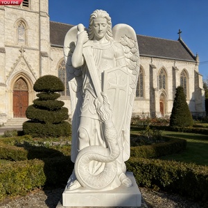 YOUFINE Statue de Saint Michel Archange en marbre blanc sculptée à la main, sculpture religieuse de jardin - Product Image 1