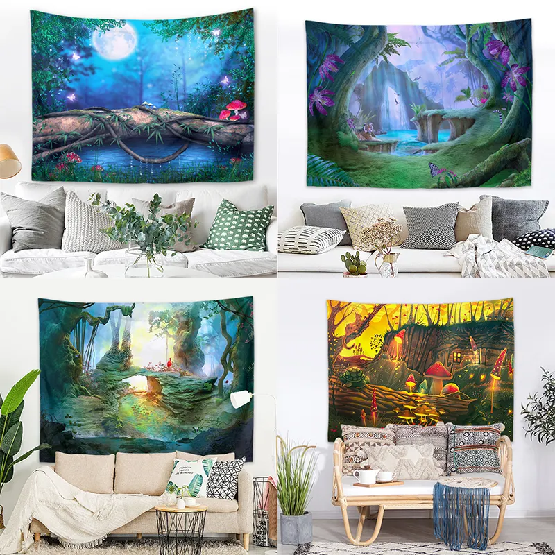 print psychedelic mushroom castle large art fairy tale forest tapestries wall decoration