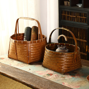 Cesta Redonda Tejida de Bambú Estilo Chino 1-3L, Cesta de Picnic Hecha a Mano para Almacenamiento - Product Image 4