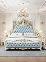 Ensemble de lit de luxe royal européen classique en bois massif et cuir véritable avec rangement pour hôtel et villa