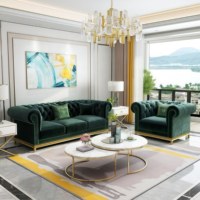 Ensemble de canapés Chesterfield modernes en velours vert de luxe, configuration 3+2+1, pour villas, sous-sols et salons, capitonnés