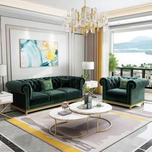 Set Divani Chesterfield di Lusso 3+2+1 in Velluto Verde per Soggiorno con Imbottitura Capitonnè a Bottoni - Product Image 3