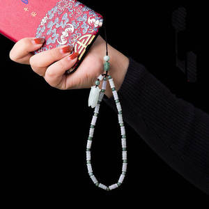 Cordon de téléphone court en jadéite naturelle du Myanmar, style bambou, tressé à la main, style chinois, pendentif féminin en jade CG35 - Product Image 1