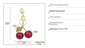 Magnifique porte-clés pendentif cerise vintage de luxe en alliage de zinc plaqué or, léger et coloré, accessoire de sac - Product Image 2
