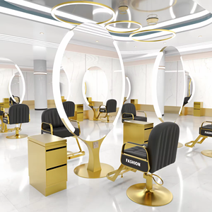 Mobilier de salon de barbier doré de grande taille <span class=keywords><strong>et</strong></span> à prix abordable station de coiffure avec miroir de maquillage LED pour salon de beauté avec table - Product Image 2