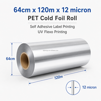 Goudkleurige koudfolie voor flexo-etiketdruk, wijn- en cosmeticastickerverpakkingen, PET-rolmachine, 64cm x 120m, 12 micron