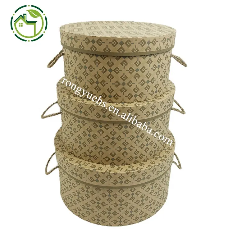 Custom decorative round nested craft paper boxes hat box with rope handle flower gift packaging box