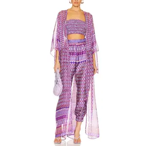 3PCS/Set Fashion 2021 New Purple Casual Crop Top Sling Vest Long Sleeved  Cardigan High Waist Wide Leg Pants Women'S Set