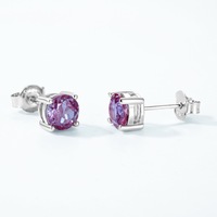 Boucles d'oreilles clous en pierre synthétique Alexandrite ronde, argent sterling S925, quatre griffes lisses, couleur changeante, empilables