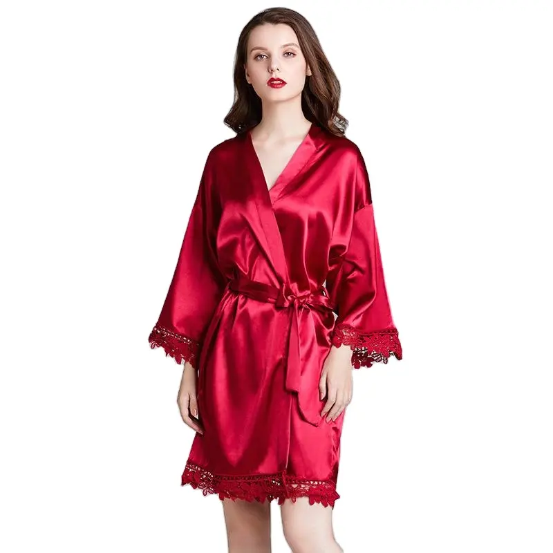 ladies long-sleeved Polyester Satin home robe night Pajamas bride bridesmaid dressing gowns with lace band