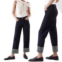 Celana Jeans Wanita Original Dark Cuffed Straight-Leg, Celana Panjang Klasik Retro