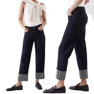 <span class=keywords><strong>Jeans</strong></span> de Mezclilla Rectos con Dobladillo Oscuro para Mujer, Pantalones Largos Clásicos Retro - Product Image 1