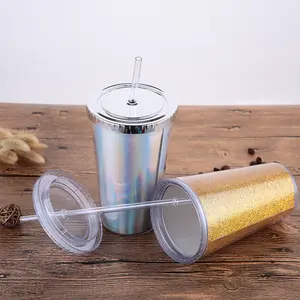 Fashionable And Personalized Creative AS Paper-inserted Double-layer Straw With Lid Transparent Solid Color Plastic Cup Coffee