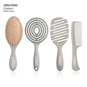Eco-Friendly Anti-Allergy Wheat Straw Detangling Paddle Vent Hair Brush And Comb Set Biodegradable Hair Brush With Wooden Teeth
