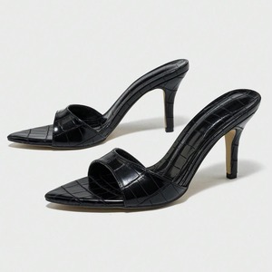 Sandales à talons aiguilles sexy pour femmes - Texture pierre, bout pointu, bride cheville, escarpins noirs élégants - Product Image 2