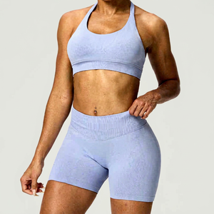 Ensemble de yoga uni pour femme, legging taille haute et crop top, sans couture, en Spandex et Polyester, 2 pièces, tenue de sport, col licou, fitness - Product Image 4