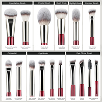 Ensemble de 15 pinceaux de maquillage professionnels personnalisés avec logo, vegan, rouge bordeaux, synthétiques, manches en bois, aluminium, format voyage