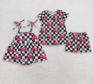 Sibling Baby Girls Black Checked Cherry Tunic Short <b>Clothes</b> Set Strap Bummies Rompers - Product Image 6