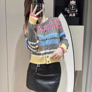 <span class=keywords><strong>Cardigan</strong></span> lavorato <span class=keywords><strong>a</strong></span> maglia da donna di fascia alta da donna di fascia alta <span class=keywords><strong>a</strong></span> righe maglione intrecciato Color Block giacca di vendita frontale europea - Product Image 2