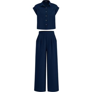 Conjunto de 2 Piezas para Mujer, Top de Manga Corta y Pantalones Palazzo, Atuendo Casual de Verano, Tela Crepé Transpirable - Product Image 1