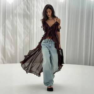 Vestido Sexy com Alças Break Tea, Novo Vestido de Verão com Decote em V e Babados para Mulheres - Product Image 1
