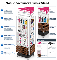 Présentoir mobile sur pied à 3 faces pour accessoires, idéal pour la merchandising commerciale en magasin d'électronique