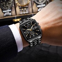 Reloj Deportivo Poedagar 866 para Hombre, Esfera Cuadrada, Cronógrafo de 3 Ojos, Acero Inoxidable, Luminoso, Resistente al Agua, Reloj de Pulsera de Moda