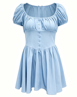 Robe mini évasée style A-line, boutonnée, manches courtes bouffantes, col carré, buste froncé, taille haute, style corset, décontractée, coupe skater, ODM