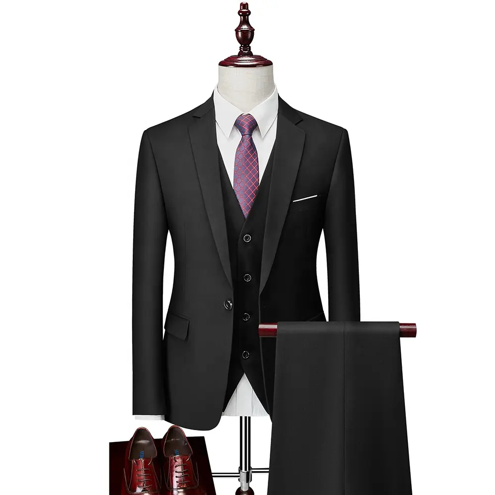 Business Men Suit 3 Piece Groom Tuxedo Green Flat Collar Wedding Suit Clothing Black Casual Pants Red Blue Suit OEM