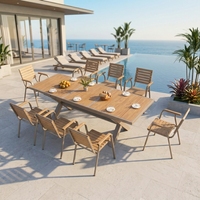Nouvelle table télescopique d'extérieur en aluminium à structure en X, extensible, avec plateau en bois composite, pour projets hôteliers de luxe