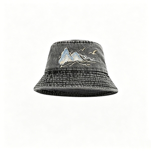 Denim Bucket <b>Hat</b> with Mountain Embroidery, Wide Brim Sun <b>Hat</b> for Men Women Casual Outdoor - Product Image 1