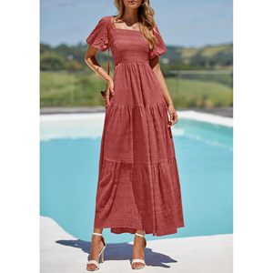 Robe longue d'été pour femme à manches bouffantes, col carré, froncée, à volants, coupe trapèze, respirante et fluide, idéale pour la plage - Product Image 4