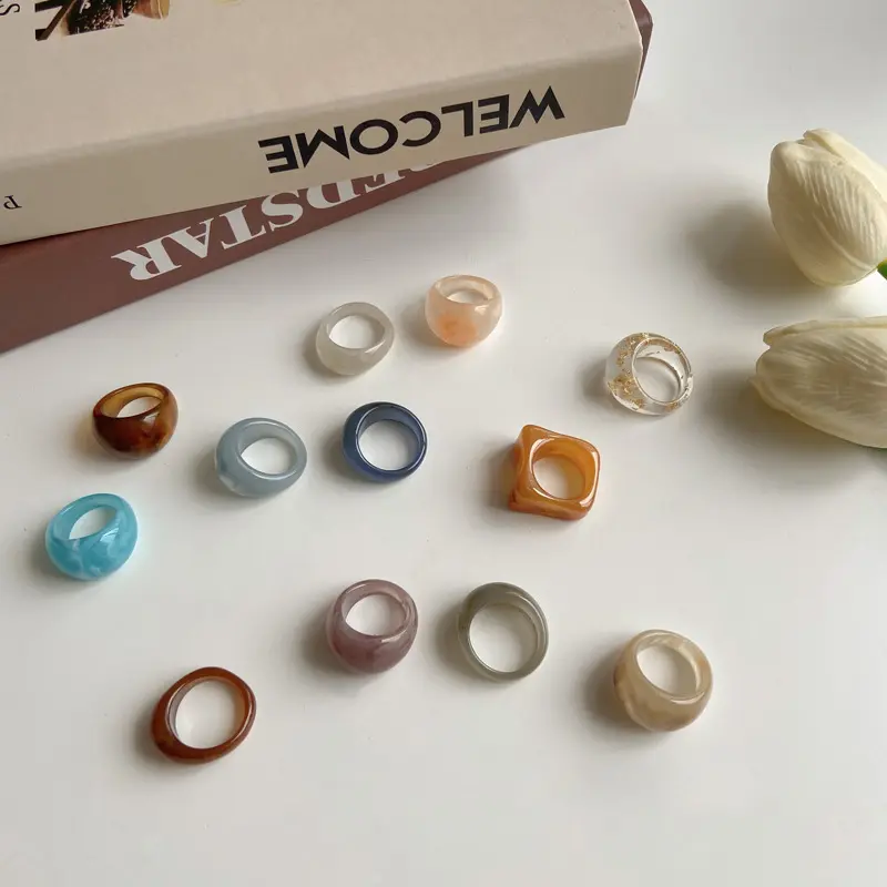 Nhẫn Nhựa Resin Màu Cổ Điển Ins Hàn Quốc Trang Sức Hình Học Đơn Giản Nhẫn Kích Thước Đồng Phục Gió Ngầu Trang Sức Tay Học Sinh