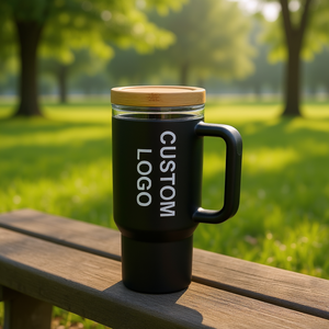 Vaso de vidrio Hipdeer de 40 oz con tapa de bambú y asa, taza de viaje para café, té, uso en exteriores y oficina. - Product Image 2