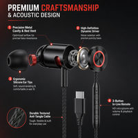 Écouteurs intra-auriculaires filaires WISDOMUP EJ-61 Type-C avec microphone, chipset JL, étanchéité IPX-5, câble de 1,2 m, pilote dynamique AAC, pour le gaming